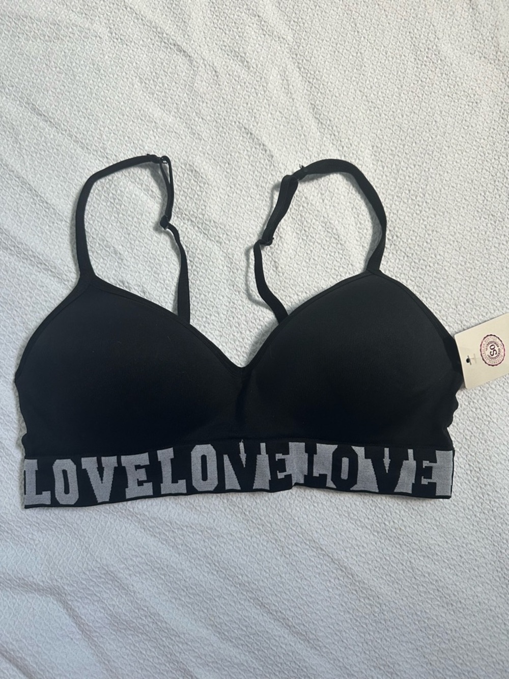 SO Love Love Love Wireless Bralette Black Logo Band Size Large NWT